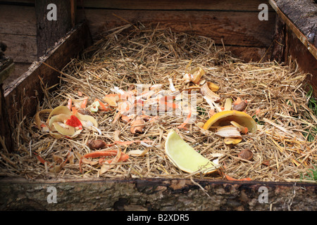 Remplissage d'un composteur LES DÉCHETS VÉGÉTAUX DE CUISINE EST ADAPTÉ POUR LE COMPOSTAGE Banque D'Images