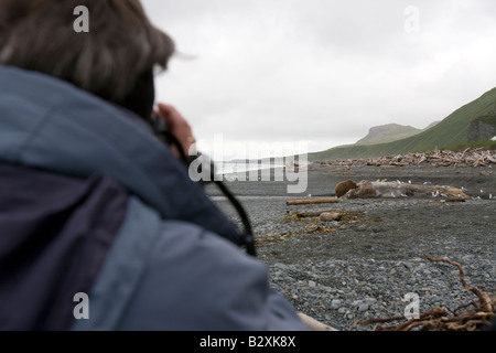 Regarder les touristes sur un ours carcasse de baleine. Banque D'Images