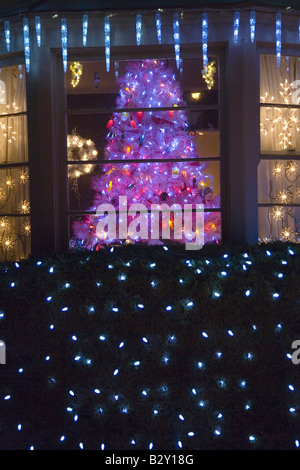 Arbre de Noël dans la fenêtre avec les glaçons à Oxnard, Californie Banque D'Images