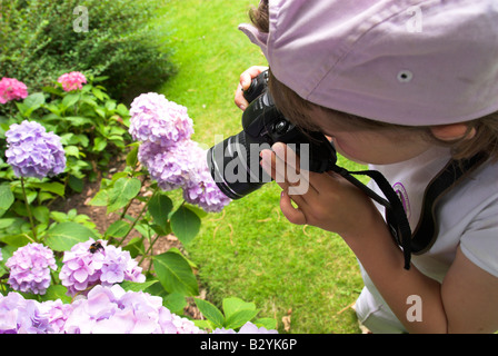 Petite fille Prendre une photo d'une abeille sur une fleur Banque D'Images