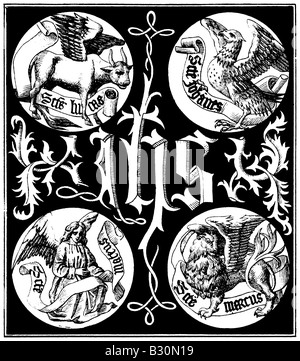 Monogramme sacré et insignes des Apôtres : une gravure de 1845 Reproduction d'une image à partir d'un livre de 1495. Banque D'Images