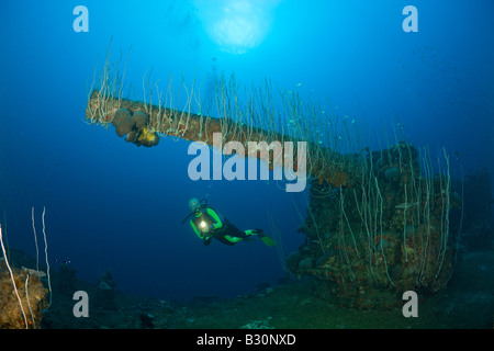 Plongeur et 5 pouce de Canon d'attaque USS Carlisle Transporter Îles Marshall Micronésie Océan Pacifique, l'atoll de Bikini Banque D'Images