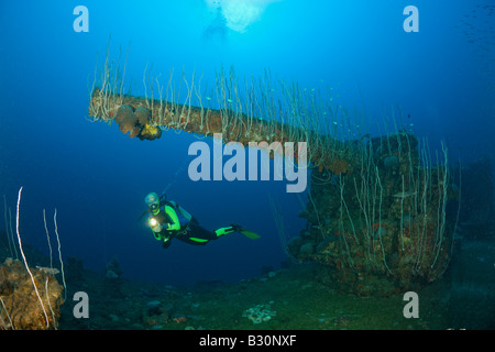 Plongeur et 5 pouce de Canon d'attaque USS Carlisle Transporter Îles Marshall Micronésie Océan Pacifique, l'atoll de Bikini Banque D'Images