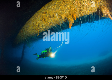 Plongeur au calibre 45 de 16 pouces massive arme sous le HIJMS Cuirassé Nagato atoll de Bikini des Îles Marshall Micronésie Océan Pacifique Banque D'Images