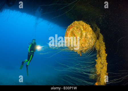 Plongeur au calibre 45 de 16 pouces massive arme sous le HIJMS Cuirassé Nagato atoll de Bikini des Îles Marshall Micronésie Océan Pacifique Banque D'Images