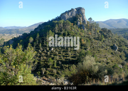 Vue sur pied jusqu'à Els péages, près de Vall de Ebo, Marina Alta, Alicante Prov. Comunidad Valenciana, Espagne Banque D'Images