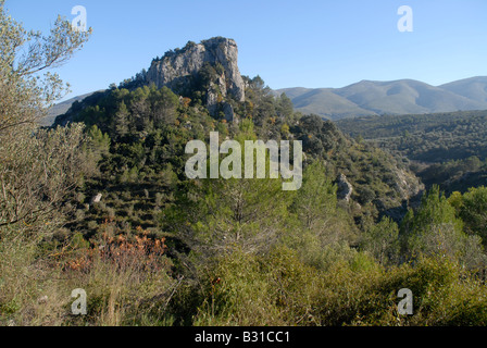 Vue sur pied jusqu'à Els péages, près de Vall de Ebo, Marina Alta, Alicante Prov. Comunidad Valenciana, Espagne Banque D'Images