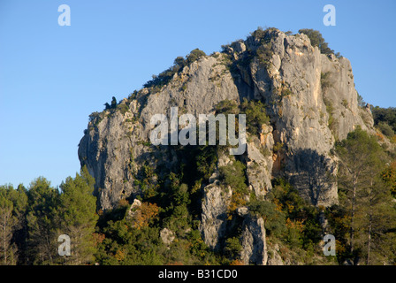 Vue sur pied jusqu'à Els péages, près de Vall de Ebo, Marina Alta, Alicante Prov. Comunidad Valenciana, Espagne Banque D'Images