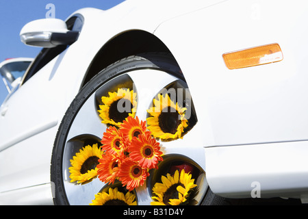 VW GTI avec des fleurs dans les moyeux de roue Banque D'Images