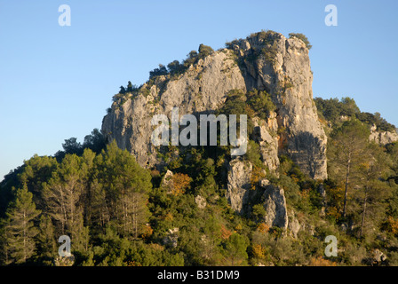 Vue sur pied jusqu'à Els péages, près de Vall de Ebo, Marina Alta, Alicante Prov. Comunidad Valenciana, Espagne Banque D'Images