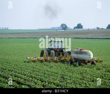 RIDGE JUSQU'À L'APPLICATION DE L'AMMONIAC ANHYDRE CULTIVATEUR RÉSERVOIR SUR 12 MAÏS IOWA Banque D'Images