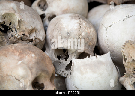 Les crânes de victimes du génocide affichée à la Stupa commémoratif à ces champs de la Mort de Choeung Ek près de Phnom Penh au Cambodge. Banque D'Images