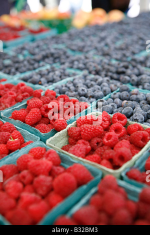 Les framboises rouges et les bleuets frais sur l'affichage à un marché de l'Oregon Banque D'Images