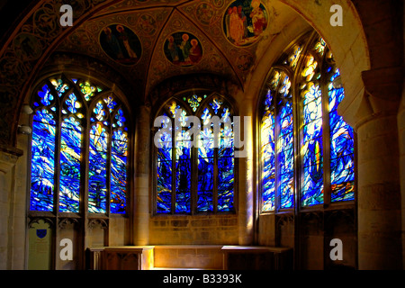 Vitrail dans la cathédrale de Gloucester, Gloucester, England, UK. Conçu par Tom Denny en 1992 Banque D'Images