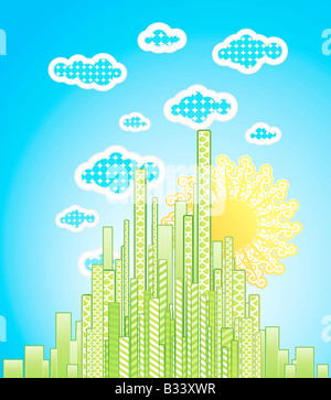 Vector illustration d'un paysage urbain moderne avec des bâtiments à motifs funky nuages et soleil abstrait Banque D'Images