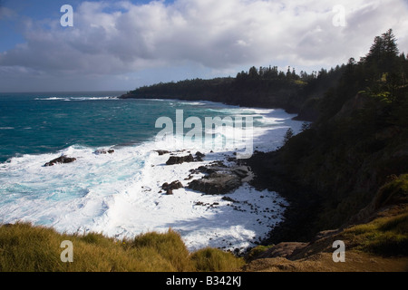 Vue sur la baie de Cresswell et son littoral spectaculaire avec des vagues qui s'écrasent contre les rochers avec le soleil éclatant et le nuage brisé, île Norfolk, Australie Banque D'Images