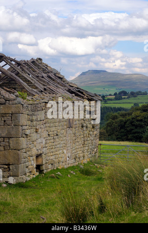 Vue d'Ingleborough avec une grange derilict en premier plan Banque D'Images