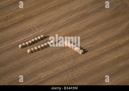 Vue aérienne de bottes de foin fraîchement récoltés sur le champ de blé, Norfolk, Angleterre Banque D'Images