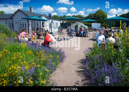 Le café en plein air dans la région de Slottsträdgården jardin biologique (jardin du château) à Malmö, en Suède, est un lieu de rencontre populaire en été. Banque D'Images