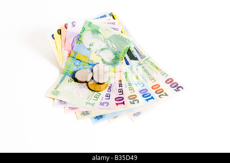 L'argent, Lei roumains, les billets de 1 Leu avec Nicolae Iorga et petit changement sur fond blanc Banque D'Images
