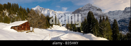 Des alpages avec un chalet sous avec le Wetterhorn derrière - Alpes Suisse Swiss Brenese Banque D'Images