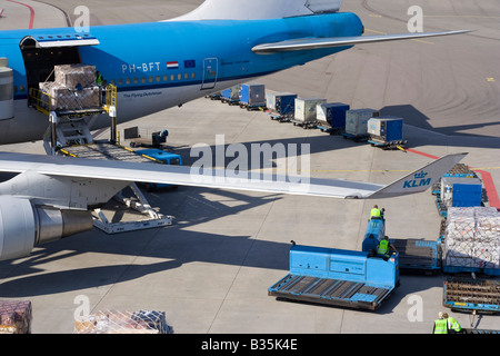 L'aéroport de Schiphol à Amsterdam aux Pays-Bas, l'équipe au sol est en cours de chargement palettes de fret dans un Boeing 747-400 KLM M Combi. Banque D'Images