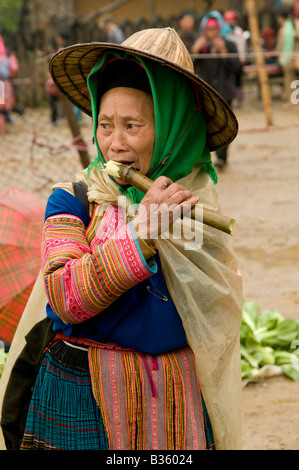 Une vieille femme Flower Hmong en costume traditionnel de manger un bâton de canne à sucre dans un marché Vietnam Banque D'Images