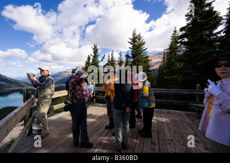 Les touristes japonais à prendre des photos du lac Peyto dans les Rocheuses, au Canada - le tourisme de masse et de groupe Banque D'Images