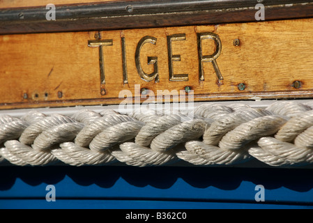 Nom tigre sur bateau, Salcombe, Devon, UK Banque D'Images