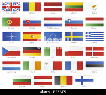 Bouton d'illustration vectorielle, drapeaux des 27 membres de l'Union européenne à partir de 2008 ainsi que l'OTAN et l'UE Banque D'Images