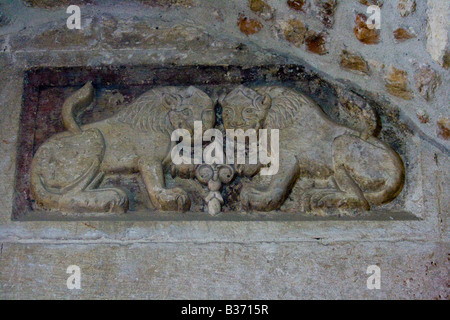 Les lions sculptés à l'intérieur de la Citadelle d'Alep en Syrie Banque D'Images