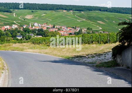 Les coteaux de vignes à chavot avec village de Moussy en contexte la france Banque D'Images