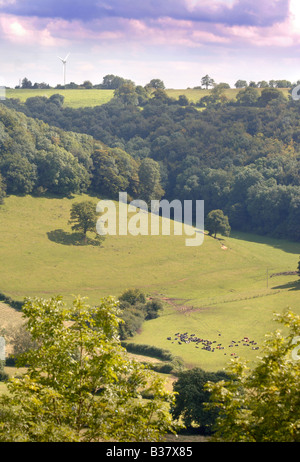 Vue d'une vallée PRÈS DE COTSWOLD ULEY DANS GLOUCESTERSHIRE MONTRANT ÉGALEMENT L'ÉOLIENNE au Royaume-Uni NYMPSFIELD Banque D'Images