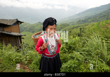 Les femmes aux cheveux longs de Huangluo Yao Village ces femmes n'ont qu'une seule coupe de cheveux au cours de leur vie un Ping Longsheng Rizières en terrasses Banque D'Images