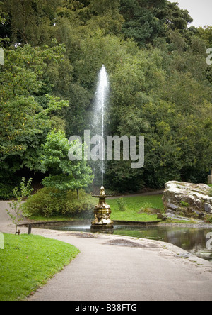 Une fontaine et le lac de Williamson Park, Lancaster, Lancashire, Angleterre, Royaume-Uni. Banque D'Images