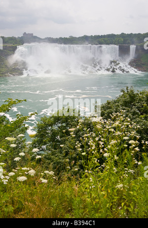 À la recherche à l'American et Bridal Veil Falls dans le cadre de chutes du Niagara du côté canadien de la rivière Niagara. Banque D'Images