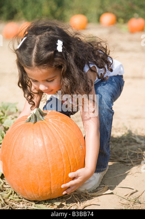 Hispanic girl picking up pumpkin Banque D'Images