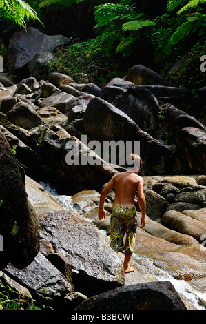 Boy walking on rocks par une petite cascade dans la forêt tropicale El Yunque Puerto Rico Banque D'Images