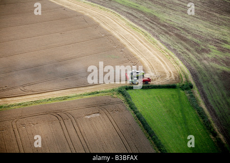 Des images aériennes montrent une moissonneuse-batteuse et le tracteur à travailler avec des cultures de blé dans l'East Anglia Suffolk, UK Banque D'Images