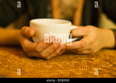 Close up of woman's hands holding tea mug Banque D'Images