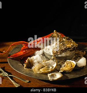 Les huîtres et le homard sur une plaque Banque D'Images