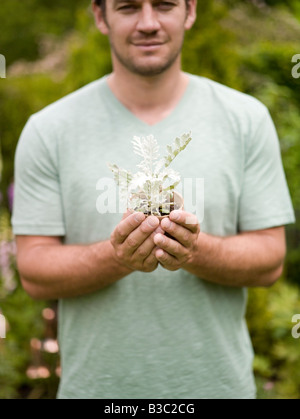 Un homme tenant une plante dans un cache-pot, Close up Banque D'Images