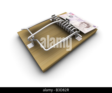 3D render of a mousetrap avec de l'argent sur elle Banque D'Images