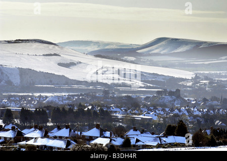 Lewes, dans la neige, les South Downs, collines, Château de Lewes, Beacon Firle, Mont Caburn Banque D'Images