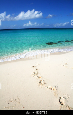 Des traces de pas dans le sable menant à l'eau cristalline de l'océan turquoise waters dans Turks et Caïques Banque D'Images