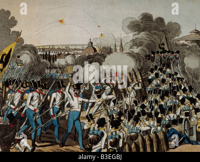 Événements, guerre de la Sixième coalition 1812 - 1814, bataille de Dresde 26/27.8.1813, attaque d'infanterie autrichienne, gravure, XIXe siècle, guerres napoléoniennes, Allemagne, Saxe, historique, peuple, Banque D'Images