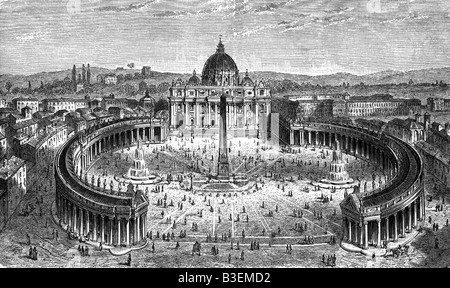 Géographie / voyage, Italie, Rome, places, place Saint Pierre avec basilique Saint Pierre, imprimé après gravure par Strassberger, XIXe siècle, historique, historique, Europe, vue de dessus, cathédrale, obélisque, architecture, beaux-arts, gens, centre, Banque D'Images