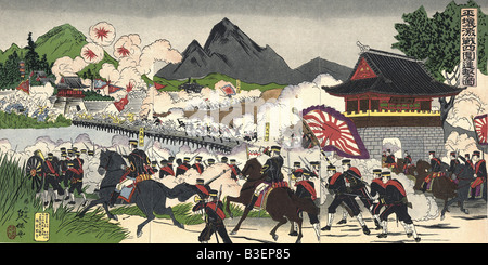 Première Guerre Sino-Japonaise, 1894 - 1895, Bataille De Ping Jang 14. / 15.9.1894, attaque du japonais sous le général Oshima, bois japonais contemporain coupé par Noshu, Corée, infanterie, rivière, pont, soldats, drapeau, Asie, Chine, historique, XIXe siècle, militaire, années 1930, XXe siècle, peuple, Banque D'Images