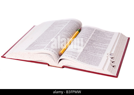 Un dictionnaire ouvert isolé sur fond blanc Banque D'Images
