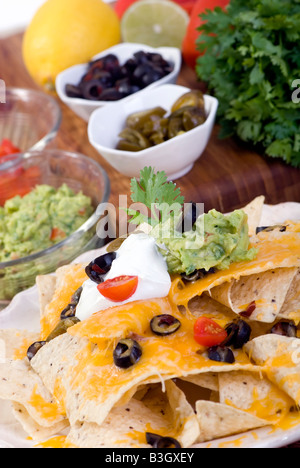 Everybodys nachos préféré avec beaucoup de fromage et de garnitures Banque D'Images